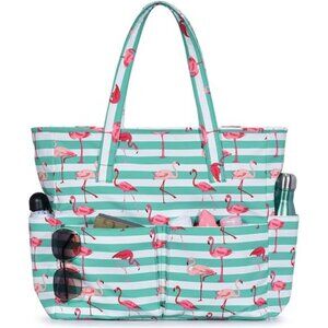 Beach Bags for Women Green Flamingos